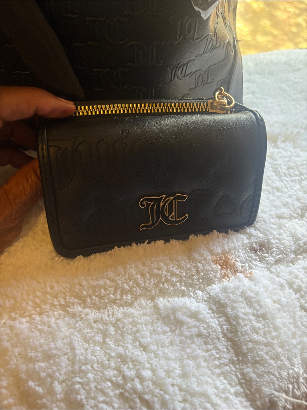 Large Juicy Couture Black Embossed Logo Tote with Wallet, Charm L-11 inches W-12 - Picture 5 of 7